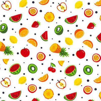 Swatch of funky fruit print with kiwis, watermelons, oranges, cherries, lemons, pineapples, strawberries & apples on 100% cotton poplin fabric by Rose and Hubble on white