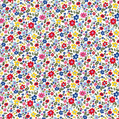 Swatch of colourful pattern of flowers, stems and birds in multi colours on 100% cotton polin fabric by Rose and Hubble in red, yellow and blue