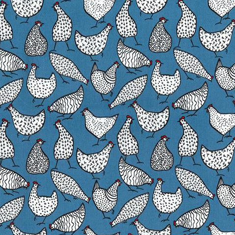 Swatch of funky, farm chickens printed on 100% cotton poplin fabric by Rose and Hubble in Copen blue