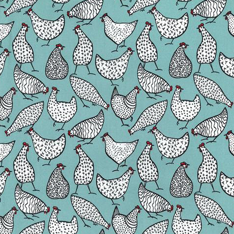 Swatch of funky, farm chickens printed on 100% cotton poplin fabric by Rose and Hubble in duck egg blue