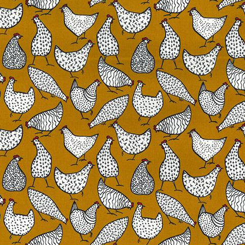 Swatch of funky, farm chickens printed on 100% cotton poplin fabric by Rose and Hubble in ochre yellow