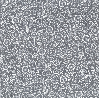 Swatch of white flowers, vines and paisley floral print 100% cotton poplin Rose and Hubble fabric in Grey