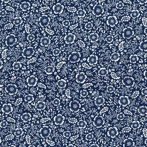 Swatch of white flowers, vines and paisley floral print 100% cotton poplin Rose and Hubble fabric in Navy Blue