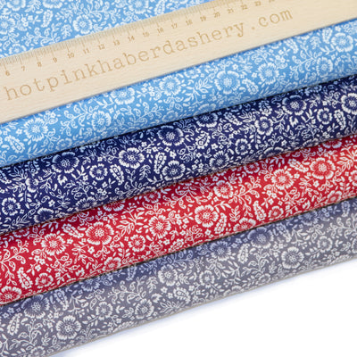 White flowers, vines and paisley floral print 100% cotton poplin Rose and Hubble fabric in Navy, Delph Blue, Crimson Red & Grey