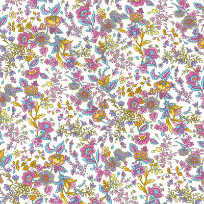Swatch of paisley, flowers and stems bright blooms print 100% cotton poplin Rose and Hubble fabric in ivory