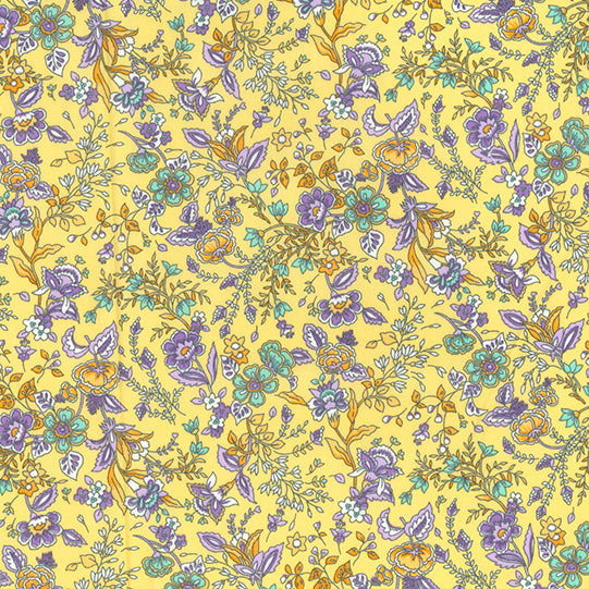 Swatch of paisley, flowers and stems bright blooms print 100% cotton poplin Rose and Hubble fabric in Lemon