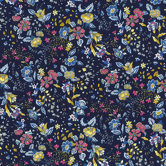 Swatch of paisley, flowers and stems bright blooms print 100% cotton poplin Rose and Hubble fabric in navy