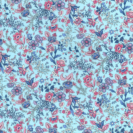 Swatch of paisley, flowers and stems bright blooms print 100% cotton poplin Rose and Hubble fabric in sky blue
