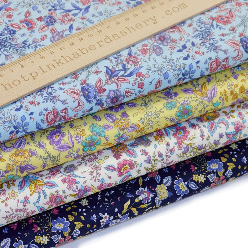 Paisley, flowers and stems bright blooms print 100% cotton poplin Rose and Hubble fabric in Navy, Ivory, Lemon and Sky.