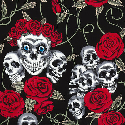 Swatch of gothic skulls and roses with thorns on 100% cotton poplin fabric by Rose and Hubble on black, red and Ivory, Halloween fabric