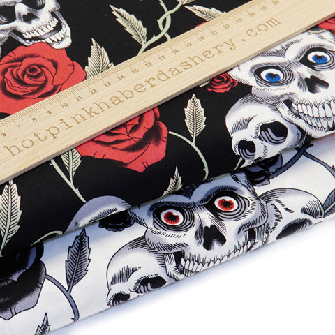 Gothic skulls and roses with thorns on 100% cotton poplin fabric by Rose and Hubble on black and Ivory, Halloween fabric