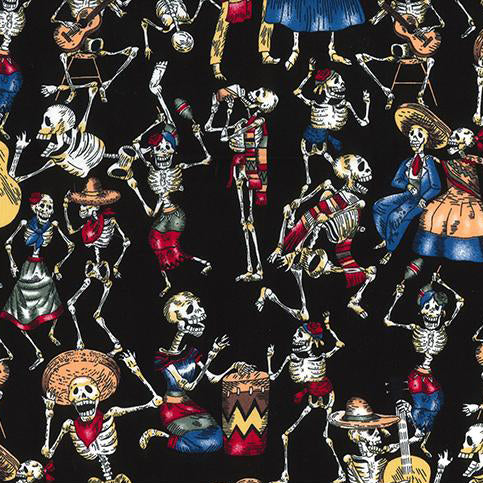 Swatch of Mexican day of the Dead-inspired skeleton musical instrument party print 100% cotton poplin fabric by Rose and Hubble on black