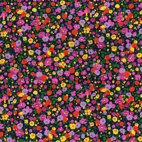 Swatch of retro, painted style flower stems and bouquet print 100% cotton poplin fabric by Rose and Hubble in navy.