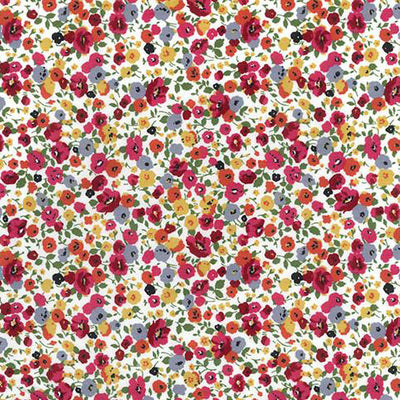 Swatch of retro, painted style flower stems and bouquet print 100% cotton poplin fabric by Rose and Hubble in red