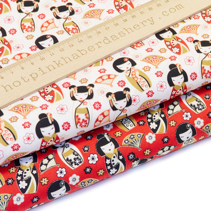 Classic, oriental Japanese Geisha dolls printed 100% cotton poplin fabric with fans and flowers by Rose and Hubble in colours red and white
