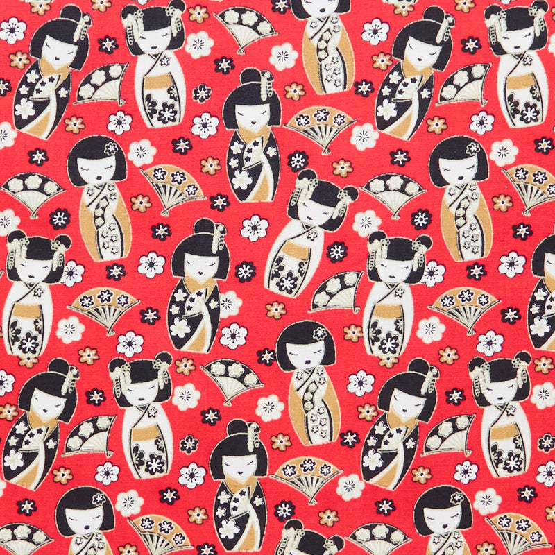 Swatch of classic, oriental Japanese Geisha dolls printed 100% cotton poplin fabric with fans and flowers by Rose and Hubble in red 