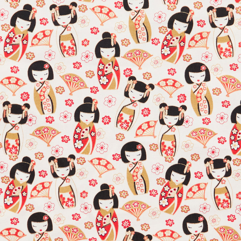 Swatch of classic, oriental Japanese Geisha dolls printed 100% cotton poplin fabric with fans and flowers by Rose and Hubble in white