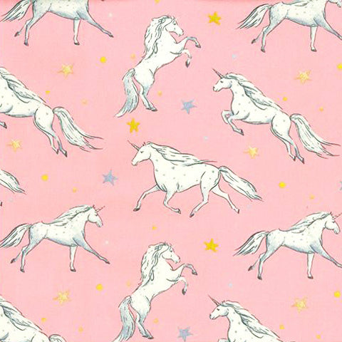 Swatch of cute, magical prancing unicorn with stars print 100% cotton poplin fabric by Rose and Hubble in ivory and pink 