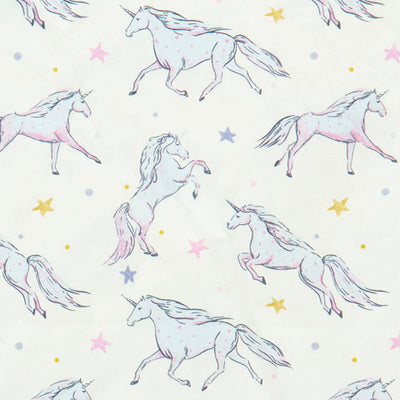 Swatch of cute, magical prancing unicorn with stars print 100% cotton poplin fabric by Rose and Hubble in ivory