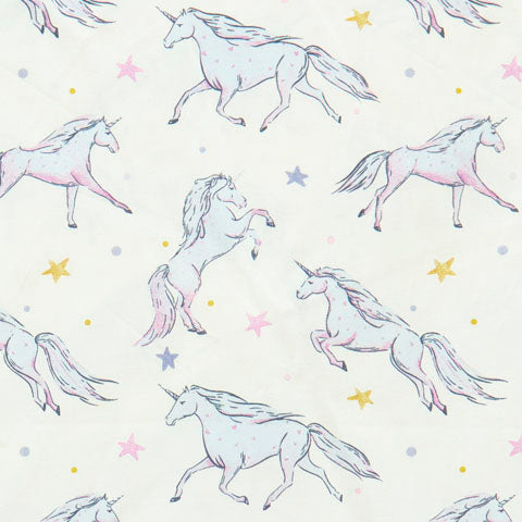 Swatch of cute, magical prancing unicorn with stars print 100% cotton poplin fabric by Rose and Hubble in ivory