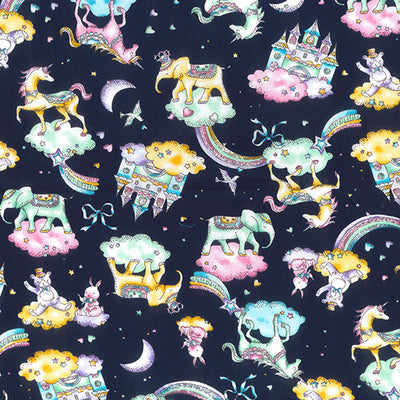 Swatch of 100% cotton poplin fabric by Rose and Hubble with unicorns, rainbows, castles and elephants in Navy
