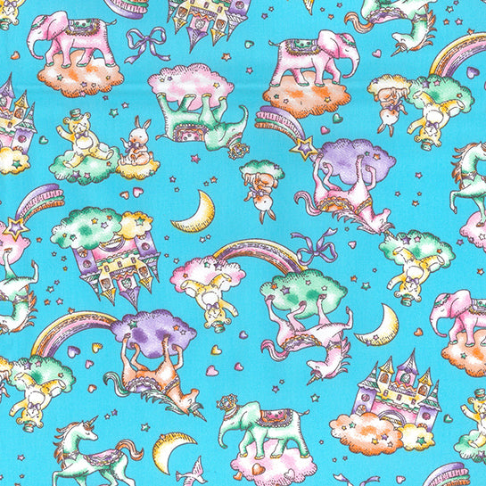 Swatch of 100% cotton poplin fabric by Rose and Hubble with unicorns, rainbows, castles and elephants in Sky Blue