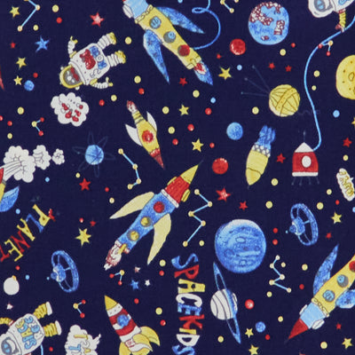 Swatch of navy blue children's colourful space print 100% cotton poplin fabric with rockets, UFO's and stars by Rose and Hubble. Space fabric, children's fabric.
