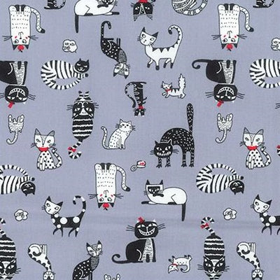 Swatch of fun quirky cats print 100% cotton poplin fabric by Rose and Hubble in Grey