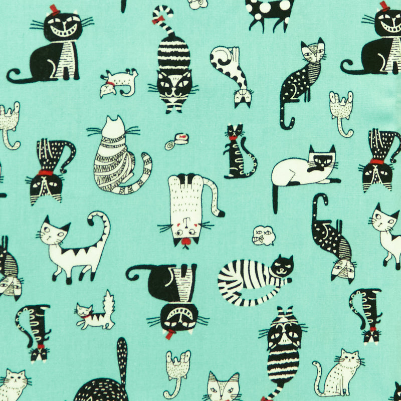 Swatch of fun quirky cats print 100% cotton poplin fabric by Rose and Hubble in Aqua