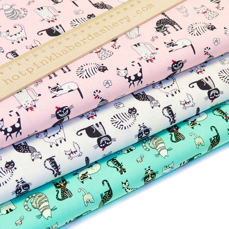 Fun quirky cats print 100% cotton poplin fabric by Rose and Hubble in Ivory, Grey, Pink & Aqua
