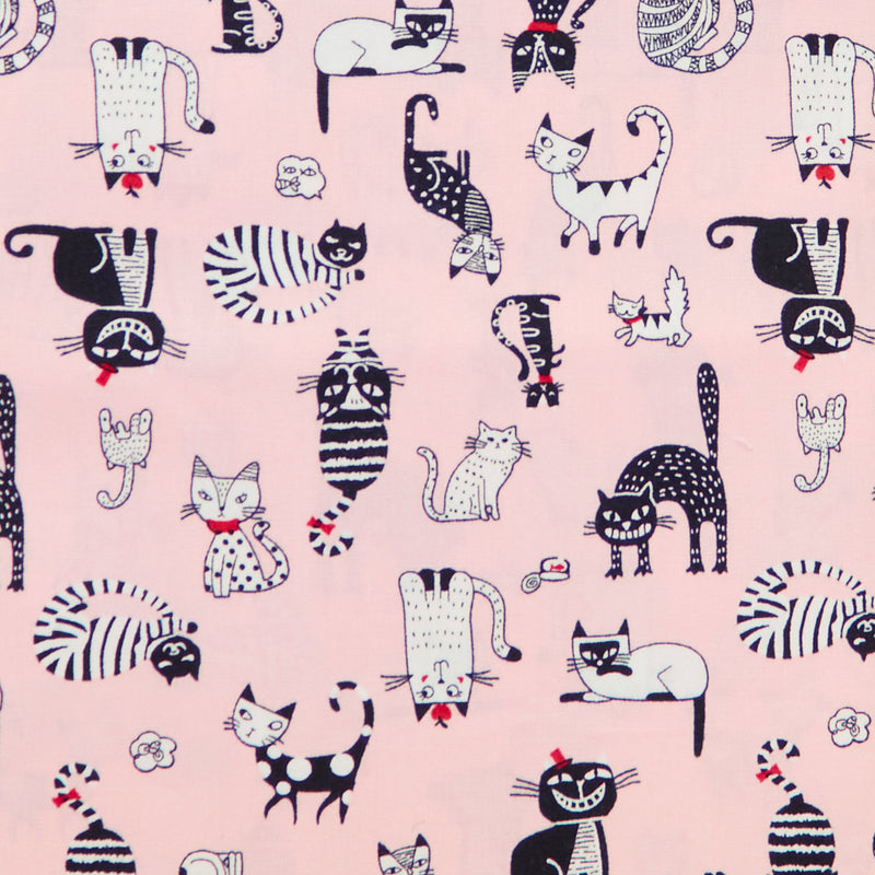 Swatch of fun quirky cats print 100% cotton poplin fabric by Rose and Hubble in Pink 