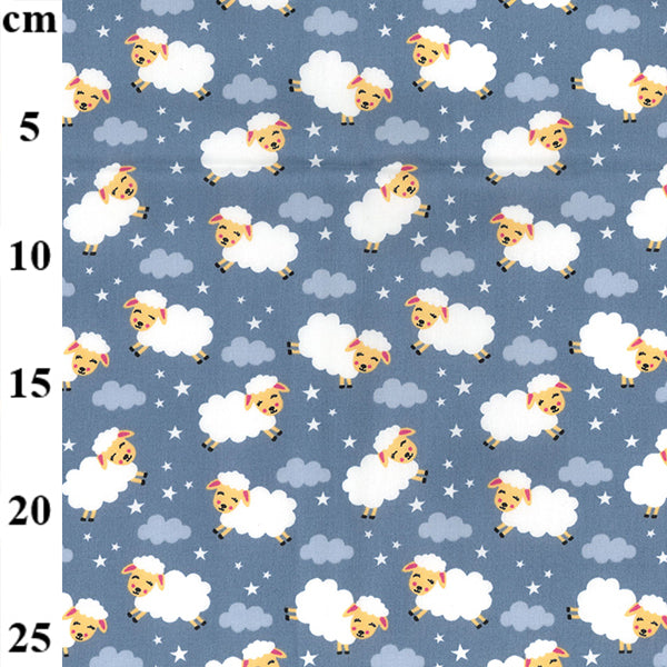 Swatch of counting sheep with clouds and stars night / sleepy print 100% cotton poplin fabric by Rose and Hubble in Grey