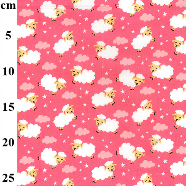 Swatch of counting sheep with clouds and stars night / sleepy print 100% cotton poplin fabric by Rose and Hubble in Rose