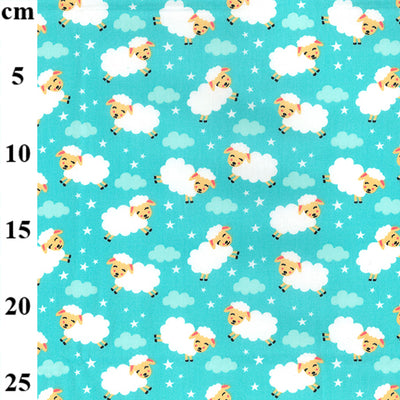 Swatch of counting sheep with clouds and stars night / sleepy print 100% cotton poplin fabric by Rose and Hubble in Turquoise