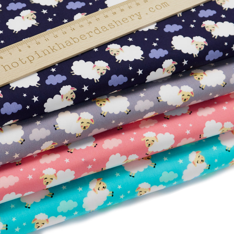 Counting sheep with clouds and stars night / sleep print 100% cotton poplin fabric by Rose and Hubble in Turquoise, Grey, Navy & Rose