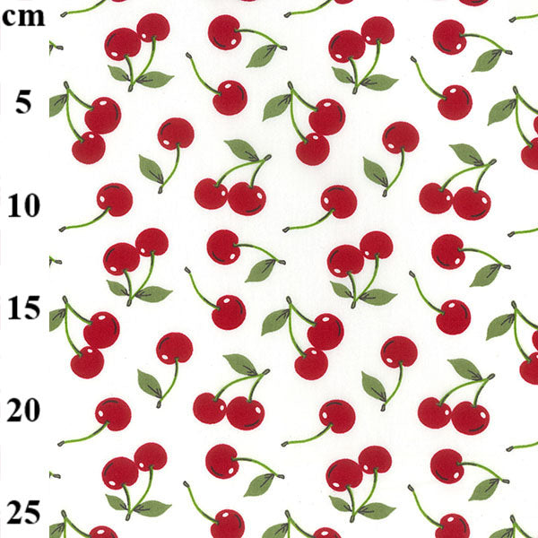 Swatch of stylish red cherry fruit and green leaves 100% cotton poplin fabric by Rose & Hubble in ivory