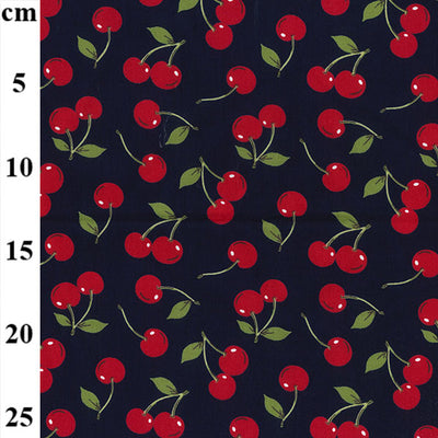 Swatch of stylish red cherry fruit and green leaves 100% cotton poplin fabric by Rose & Hubble in navy 