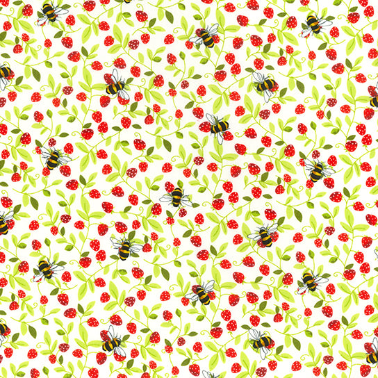 Swatch of fun bumble bees and strawberry vines print 100% cotton poplin by Rose and Hubble in Ivory