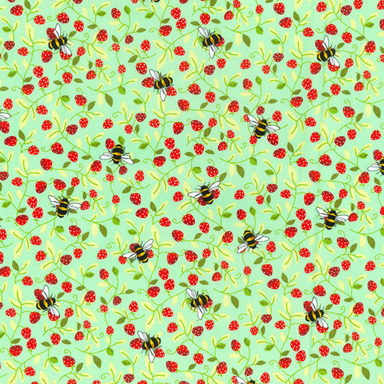 Swatch of fun bumble bees and strawberry vines print 100% cotton poplin by Rose and Hubble in Meadow green