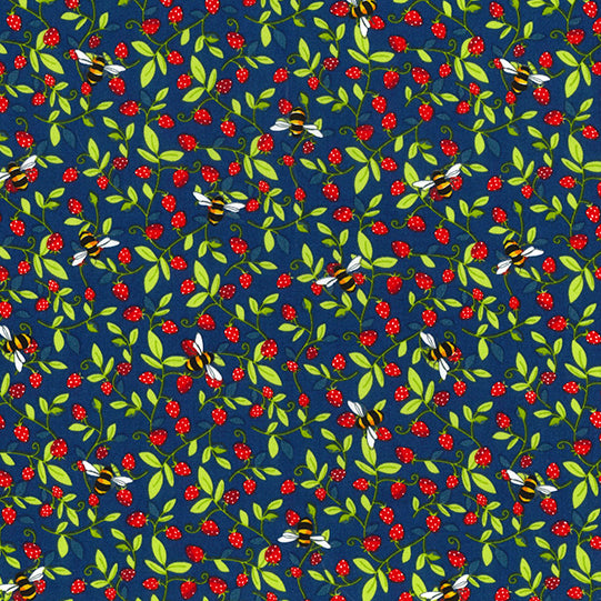 Swatch of fun bumble bees and strawberry vines print 100% cotton poplin by Rose and Hubble in Navy blue