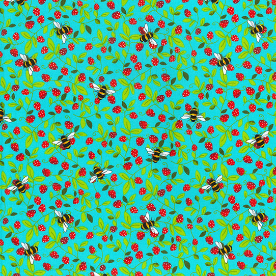 Swatch of fun bumble bees and strawberry vines print 100% cotton poplin by Rose and Hubble in sky blue