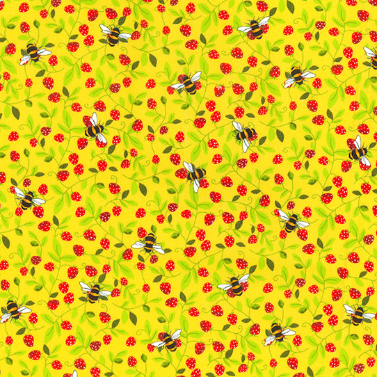 Swatch of fun bumble bees and strawberry vines print 100% cotton poplin by Rose and Hubble in yellow
