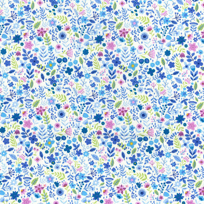 Swatch of folk flower and leaves print in blue 100% cotton poplin fabric by Rose and Hubble