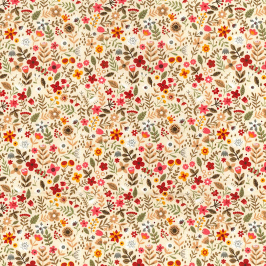 Swatch of folk flower and leaves print in cream 100% cotton poplin fabric by Rose and Hubble
