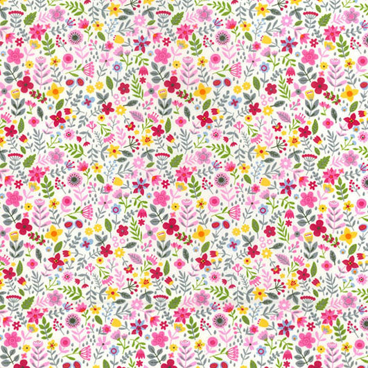 Swatch of folk flower and leaves print in pink 100% cotton poplin fabric by Rose and Hubble