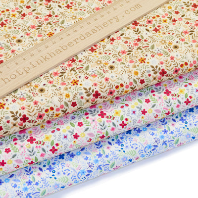 Folk flower and leaves print in cream, blue and pink 100% cotton poplin fabric by Rose and Hubble
