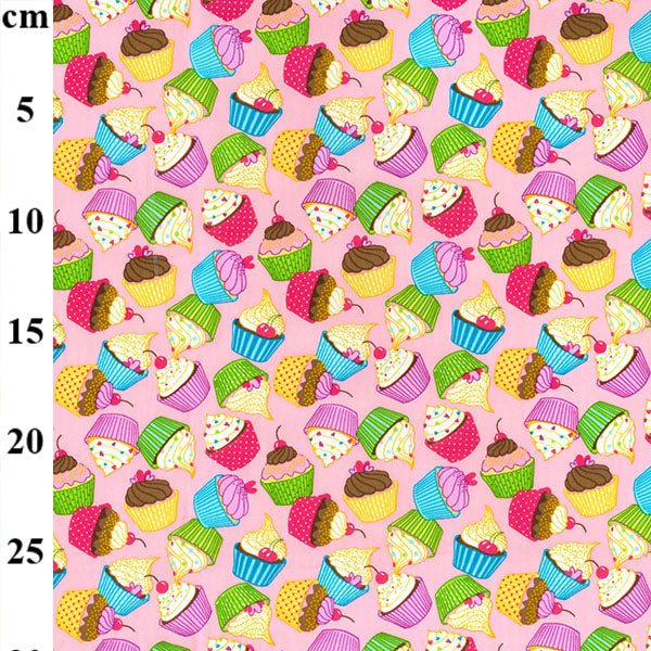 Swatch of funky and colourful cupcake print 100% cotton poplin fabric by Rose and Hubble in Pink 