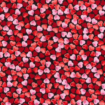 Swatch of red, white and pink confetti hearts print Rose & Hubble 100% cotton poplin Valentine Wedding fabric in black