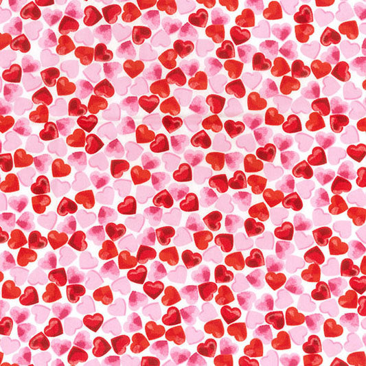 Swatch of red, white and pink confetti hearts print Rose & Hubble 100% cotton poplin Valentine Wedding fabric in white