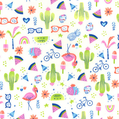Swatch of summer cactus 100% cotton poplin fabric by rose and hubble in ivory